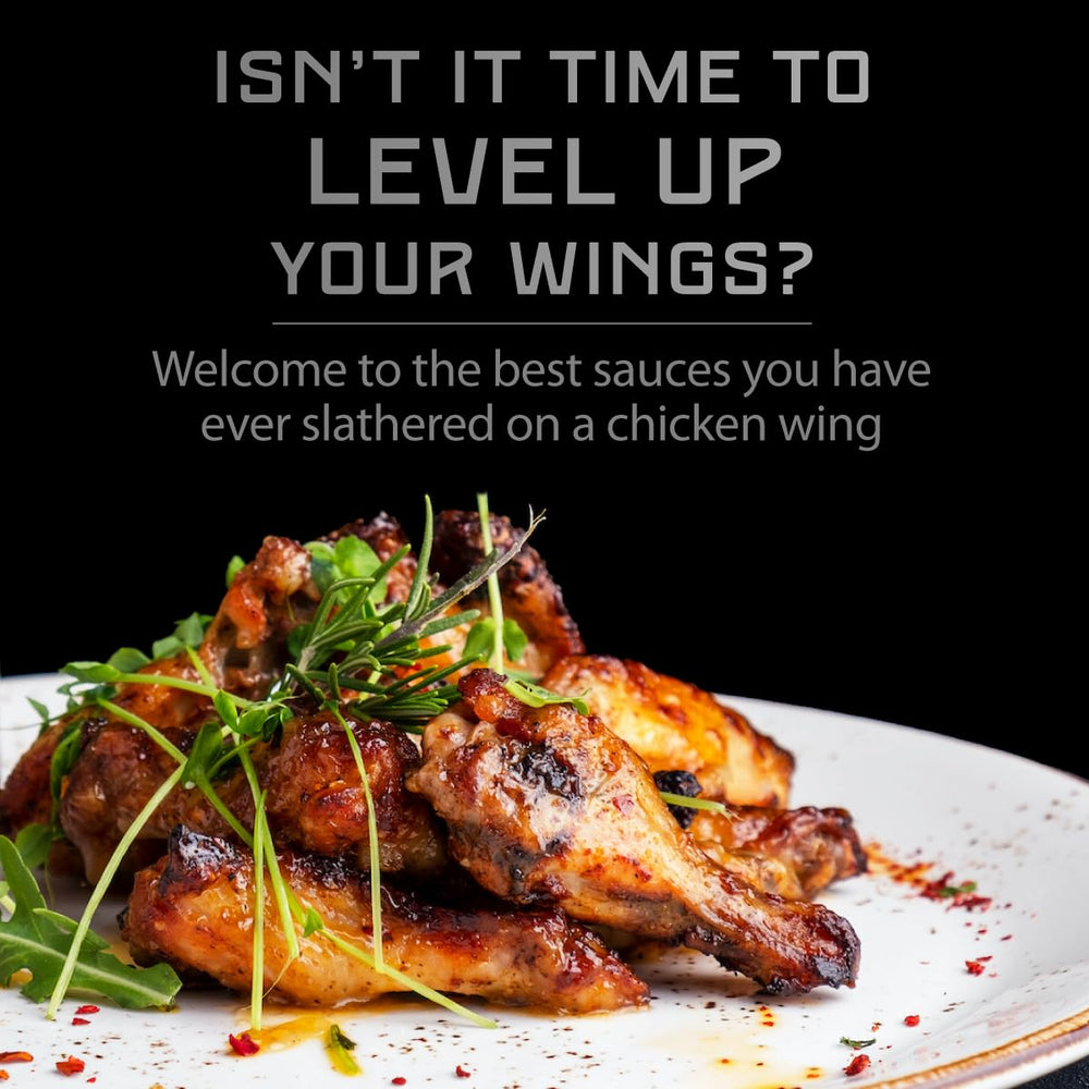 Wings on a platter with Melinda’s Craft Wing sauces in focus
