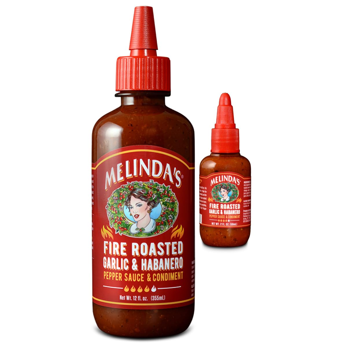 Melinda's Fire Roasted Garlic & Habanero bottle front showing bold flavor potential.