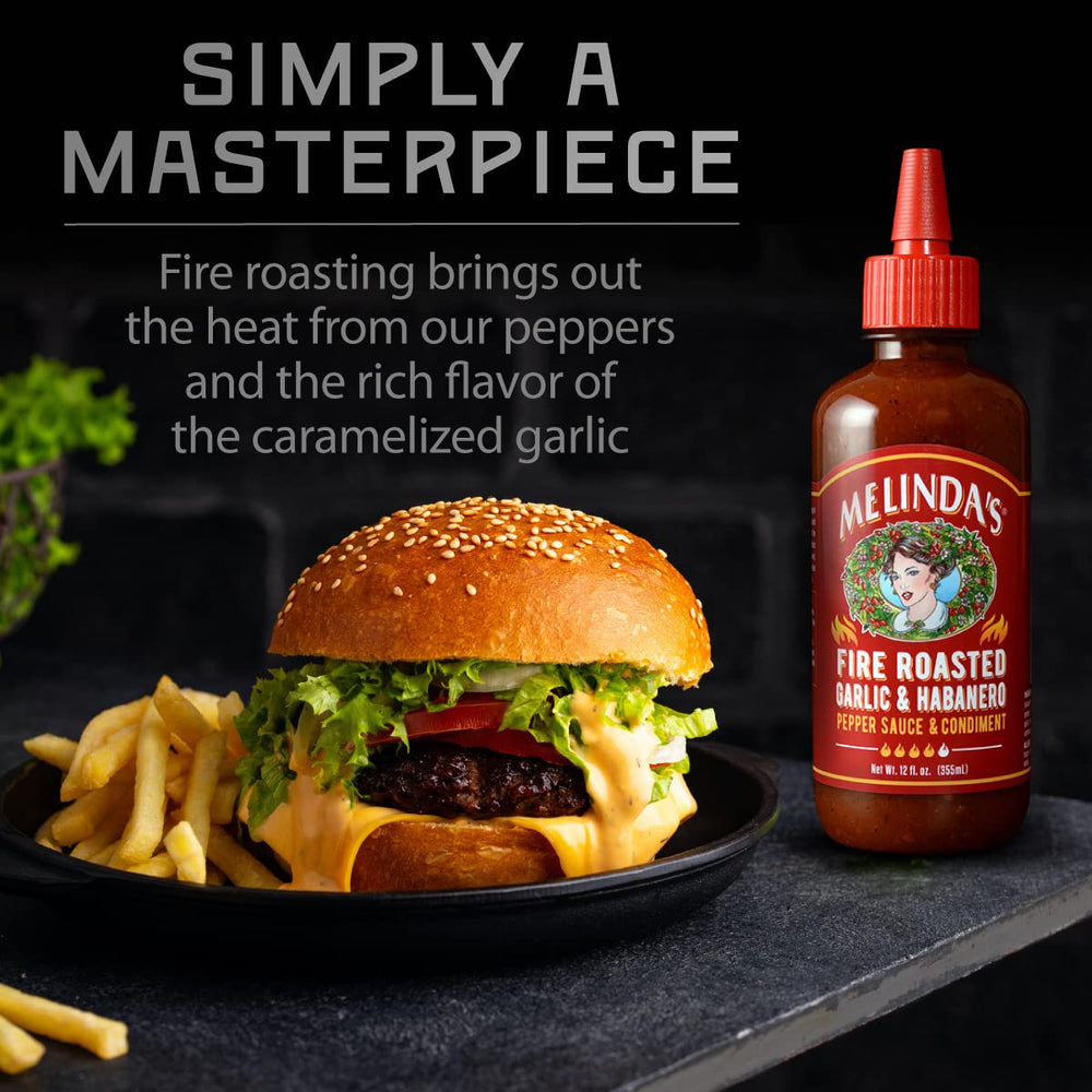 Melinda's Fire Roasted Garlic & Habanero bottle top view highlights packaging.