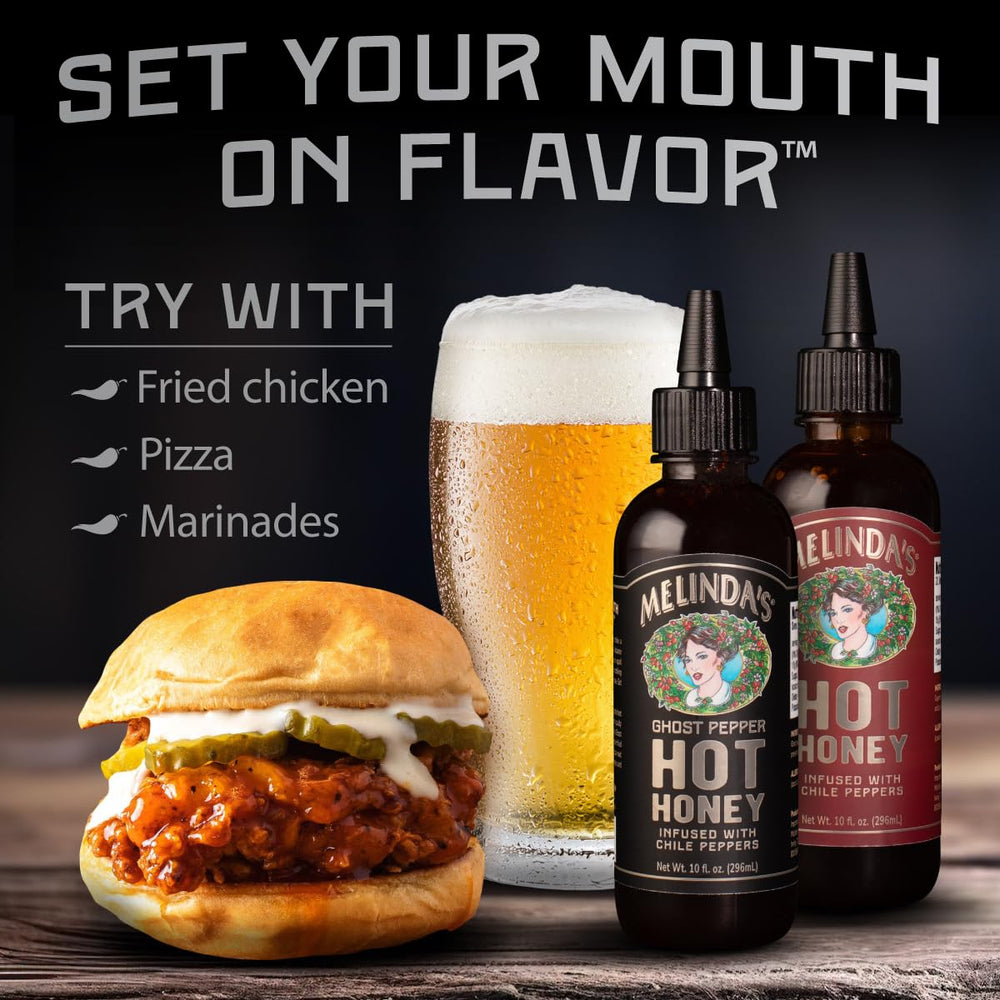Melinda’s Ghost Hot Honey 10oz bottle ready for pouring on wings and more.