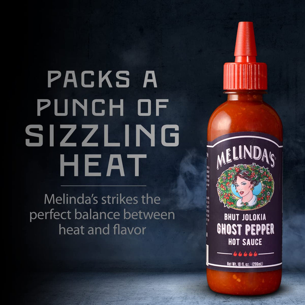 Glass jar of Melinda's Ghost Pepper sauce with vibrant color and fresh ingredients.