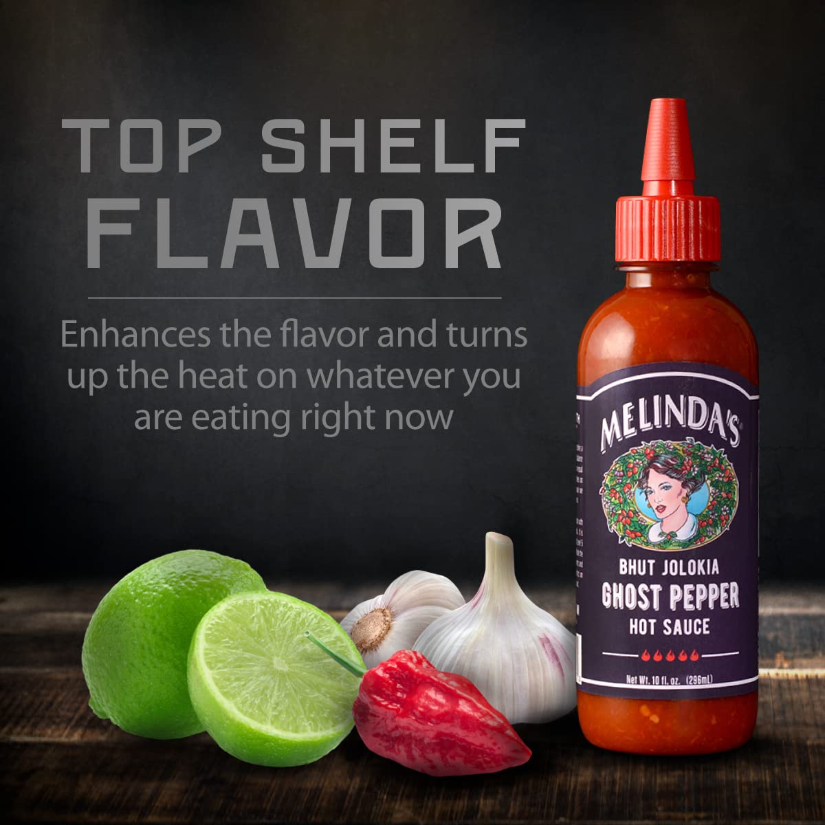 Fresh carrot, garlic, onion, and lime highlight Melinda's Ghost Pepper ingredients.