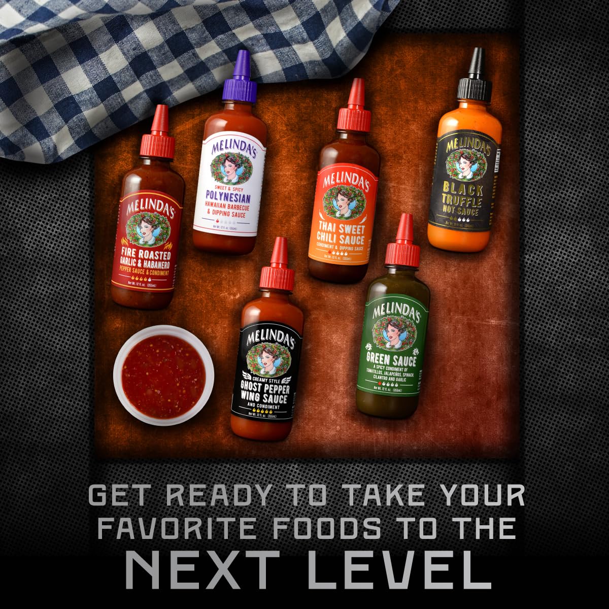 Melinda's Ghost Pepper Wing Sauce bottle, adds heat to wings with tangy notes.