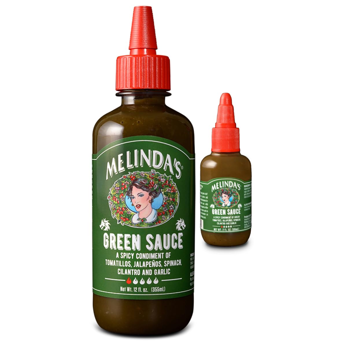 Melinda's Green Sauce bottle pour highlights tomatillos and cilantro for tacos and bowls