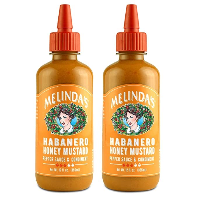 Melinda’s Habanero Honey Mustard bottle highlighting bold flavor for dipping