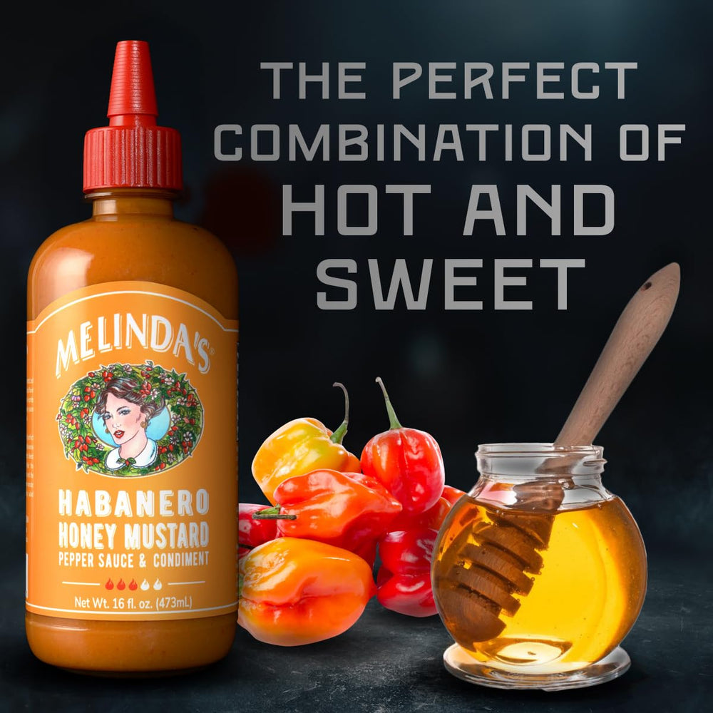 Ingredients close-up: Colombian honey and fresh peppers in Melinda's mustard