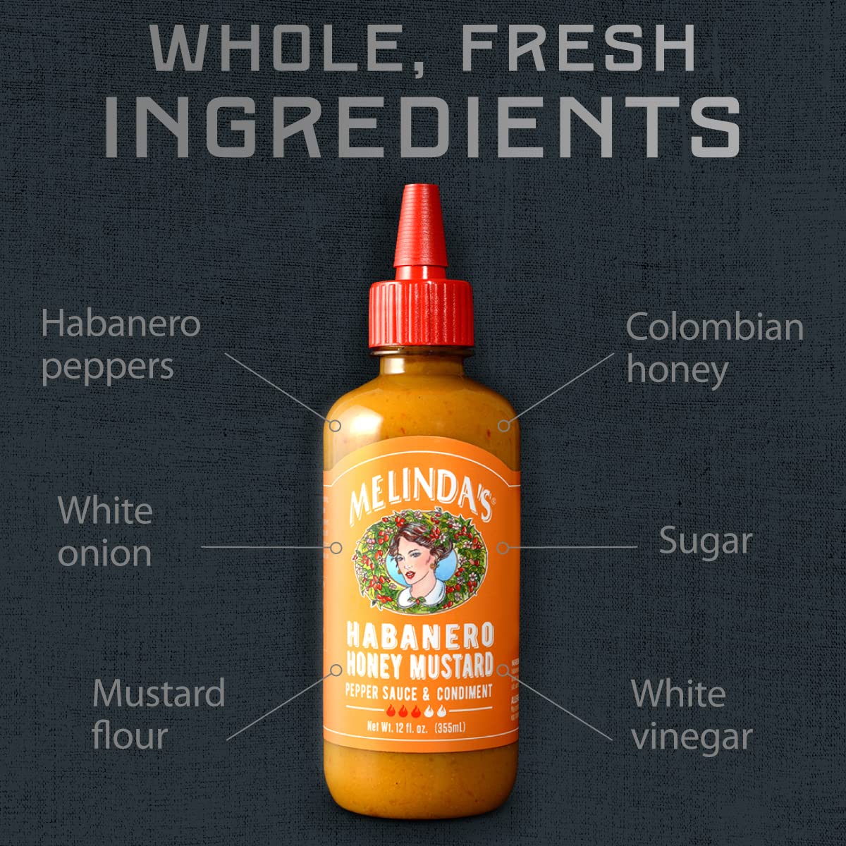 Melinda’s habanero hot sauce label on bottle for bold condiments