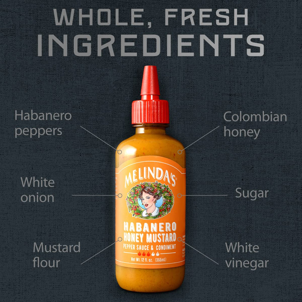 Melinda’s habanero hot sauce label on bottle for bold condiments