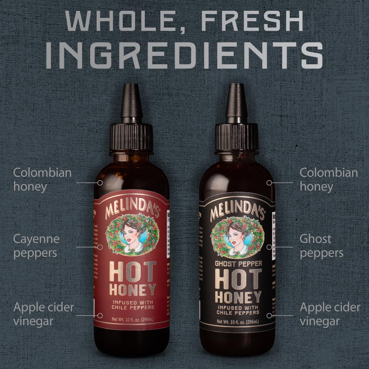 Fresh ingredients image emphasizing Colombian honey and peppers in Melinda’s hot honey.