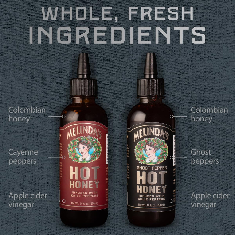 Fresh ingredients image emphasizing Colombian honey and peppers in Melinda’s hot honey.