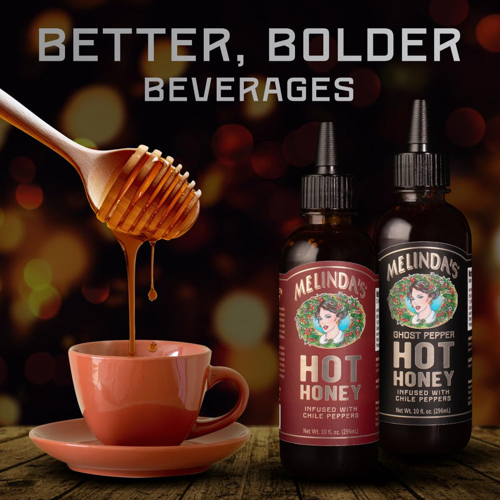 Portable 10oz squeezable Melinda’s bottle for on-the-go flavor.