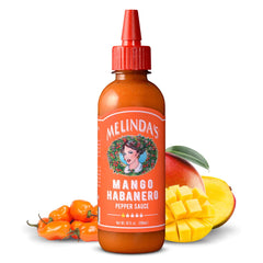 Melinda's Mango Habanero Hot Sauce bottle; balanced heat and tropical sweetness.