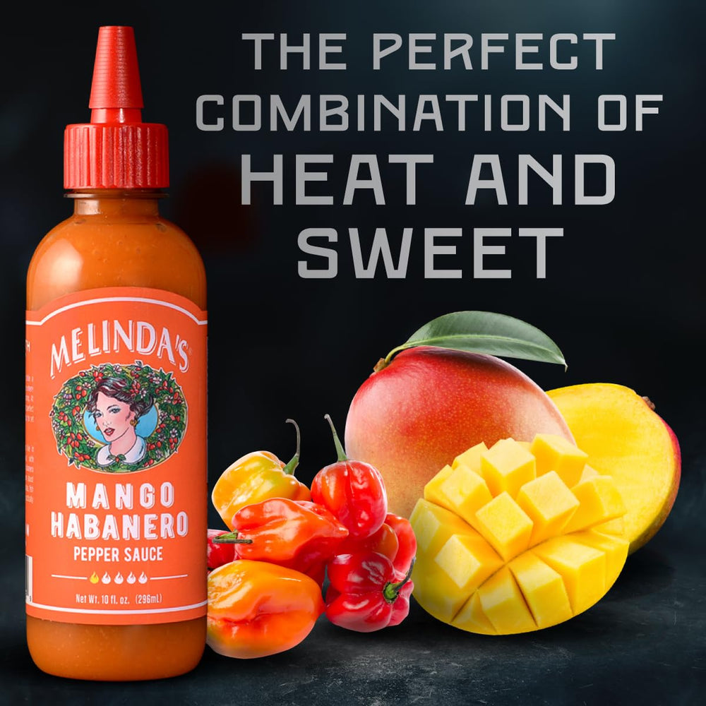 Label close-up on Melinda's Mango Habanero Hot Sauce showing quality.