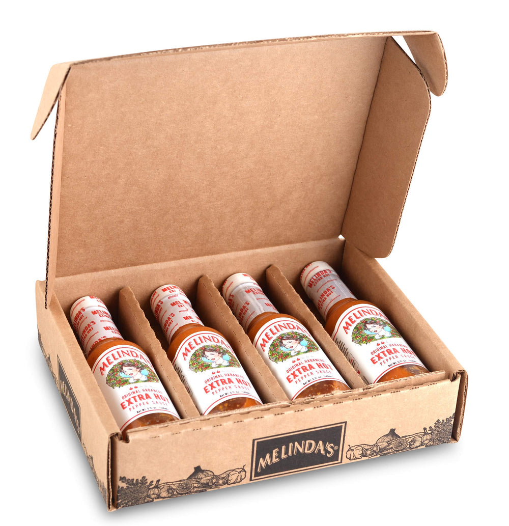 Melinda's Original Habanero Extra Hot Sauce label highlights fresh ingredients and craft