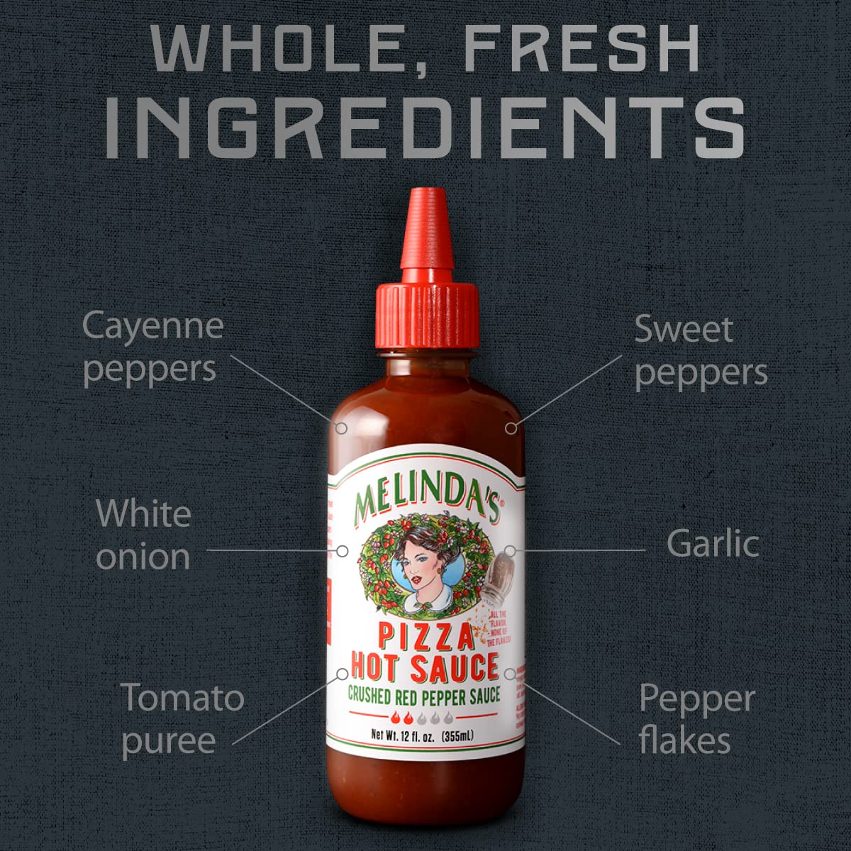 Melinda’s Pizza Hot Sauce jar with fresh peppers on the side.