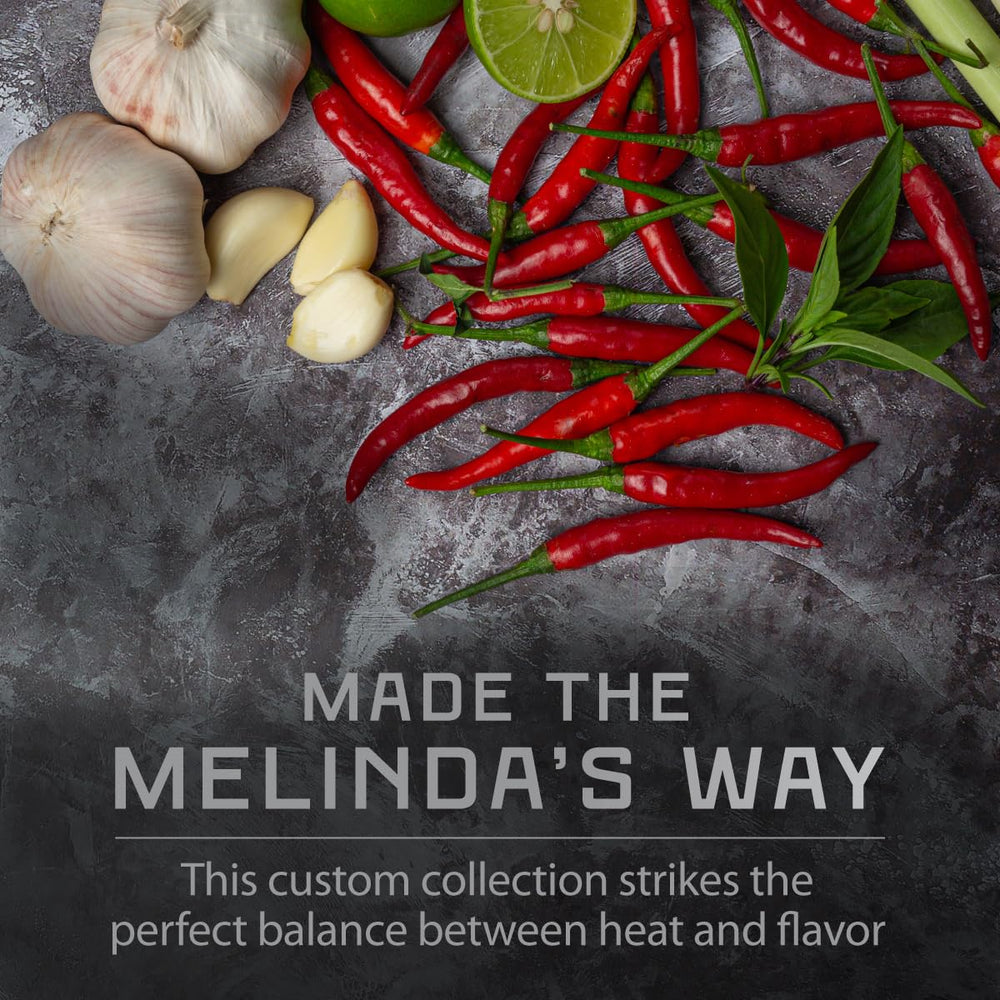 Melinda's Roasted Garlic & Habanero bottle, bold aromatics to brighten pizzas and tacos.