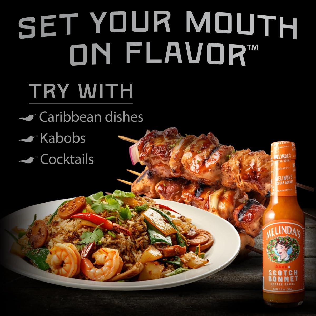 Melinda's hot sauce being poured over grilled shrimp for extra zing.