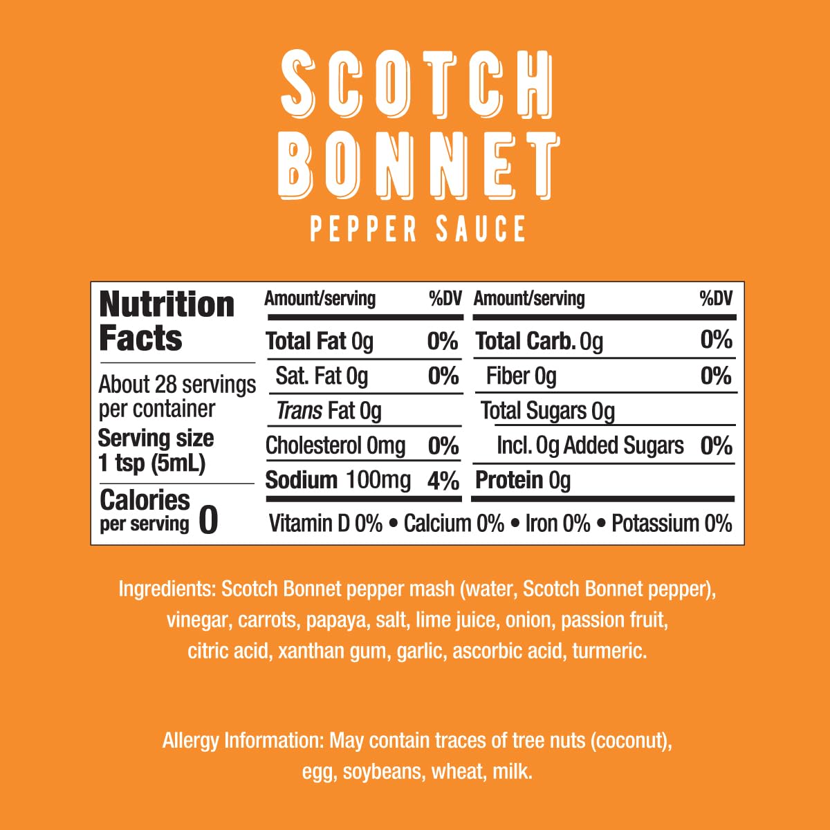 Melinda's Scotch Bonnet label front highlights premium tropical heat with papaya and lime.