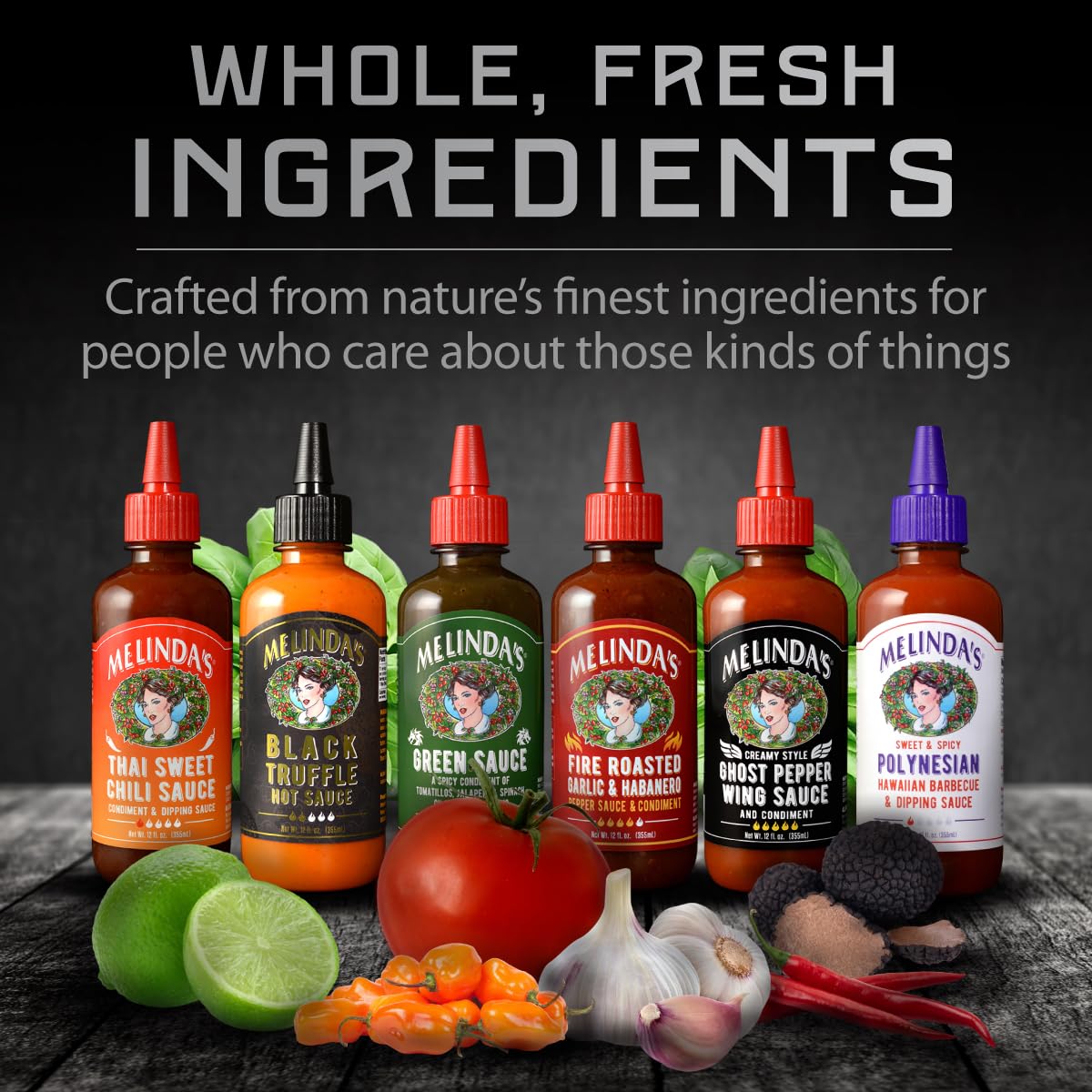 Melinda's Spicy Polynesian bottle, tropical flavors with kick for seafood or bowls.