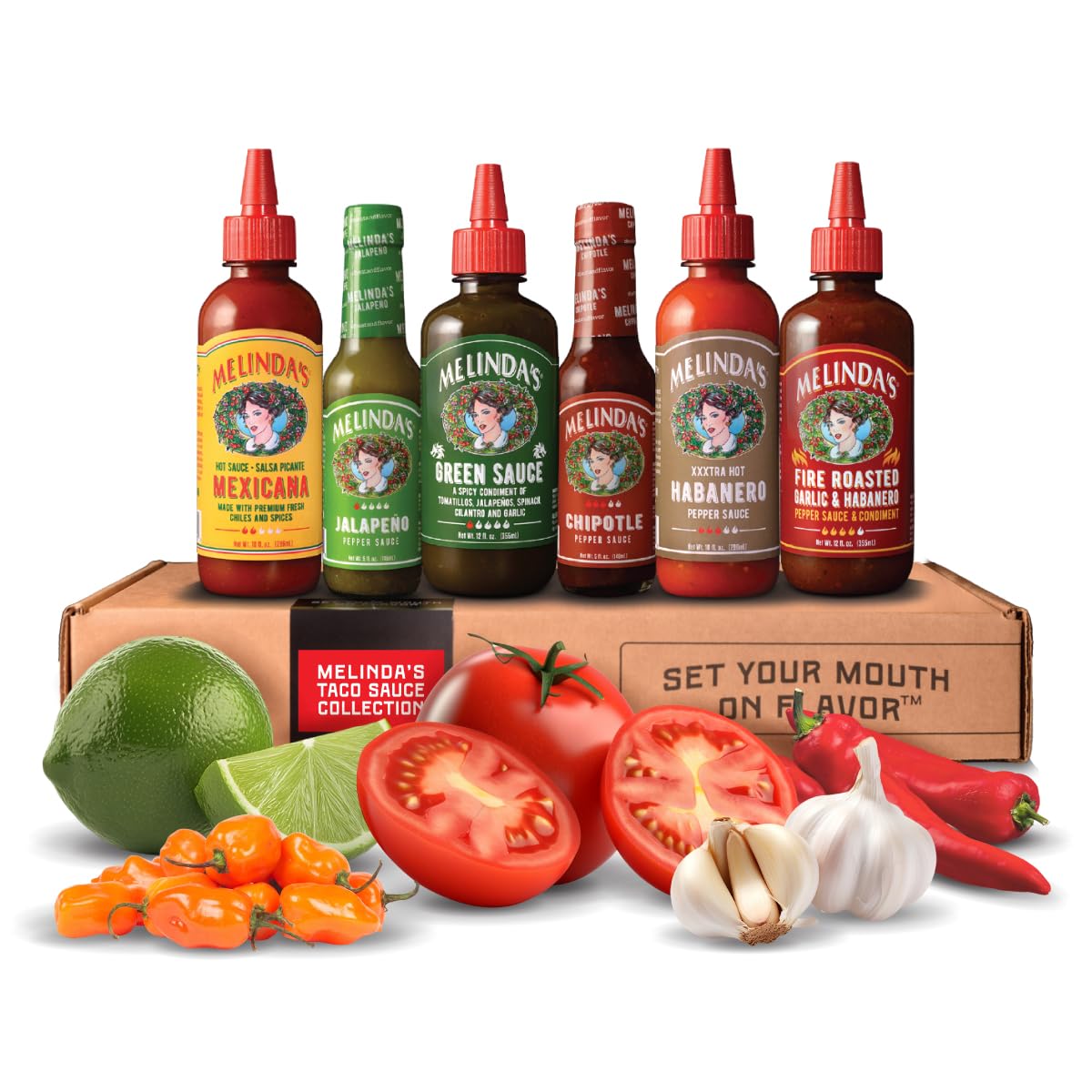 Melinda's Taco Sauce Collection pack on a kitchen counter for taco night