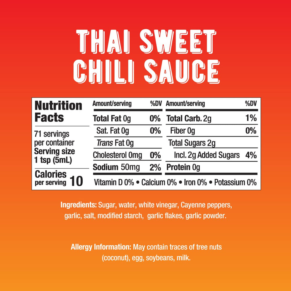 Melinda's Thai Sweet Chili bottle back lists ingredients and serving ideas