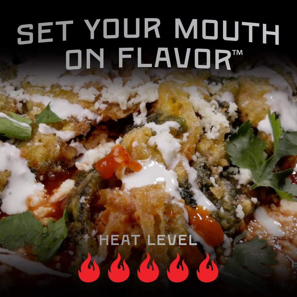 Melinda’s Trinidad Scorpion sauce drizzled on pizza adds fiery depth
