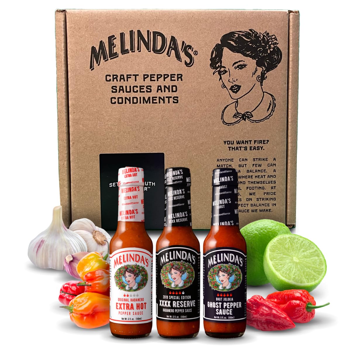 Melinda's variety pack extra hot bottles showcase bold flavor for crave-worthy meals.