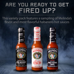 Melinda's variety pack xxxxtra reserve bottle highlights intense flavor and heat for adventurous dishes.