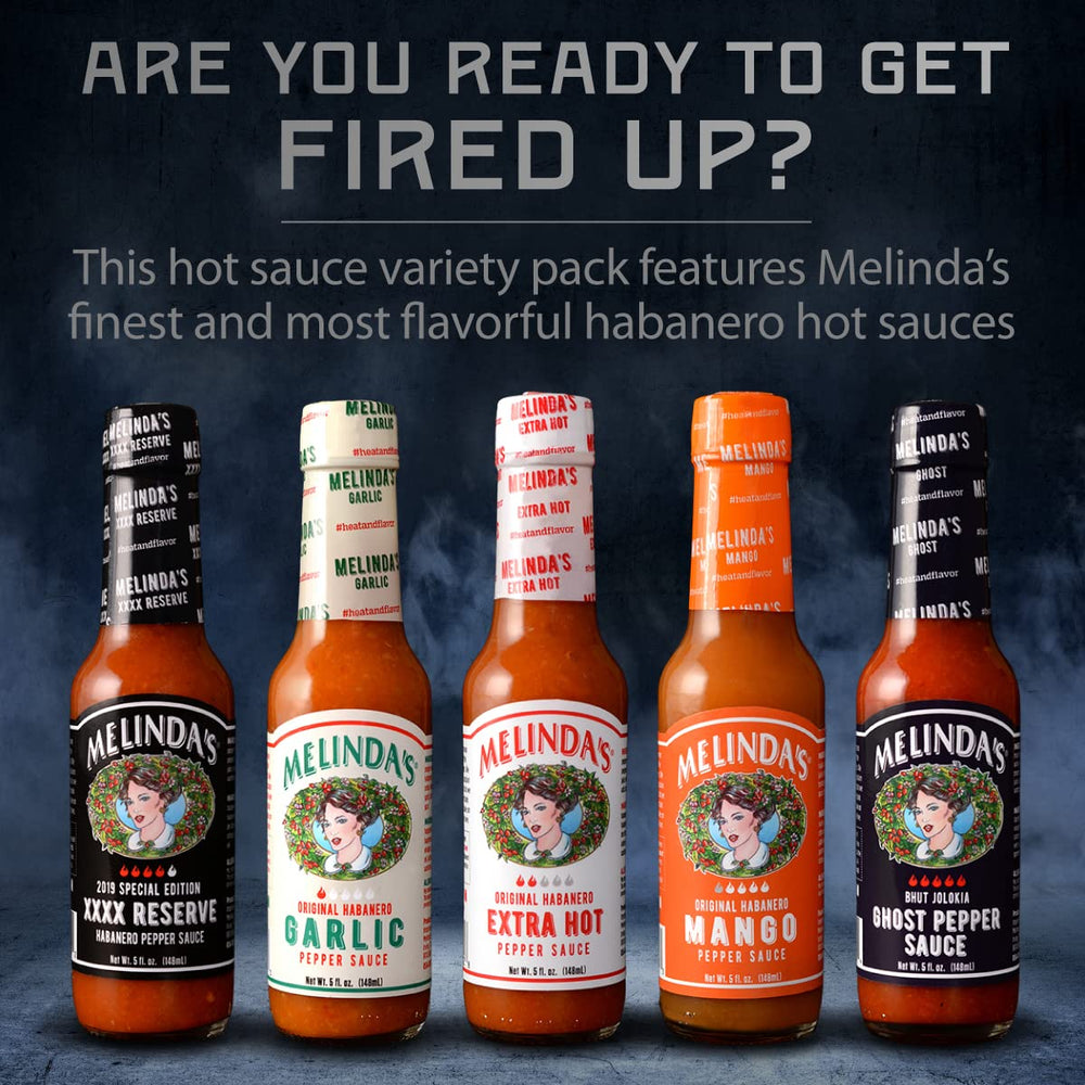Melinda's XXXXtra Reserve bottle close-up highlighting bold heat and flavor.