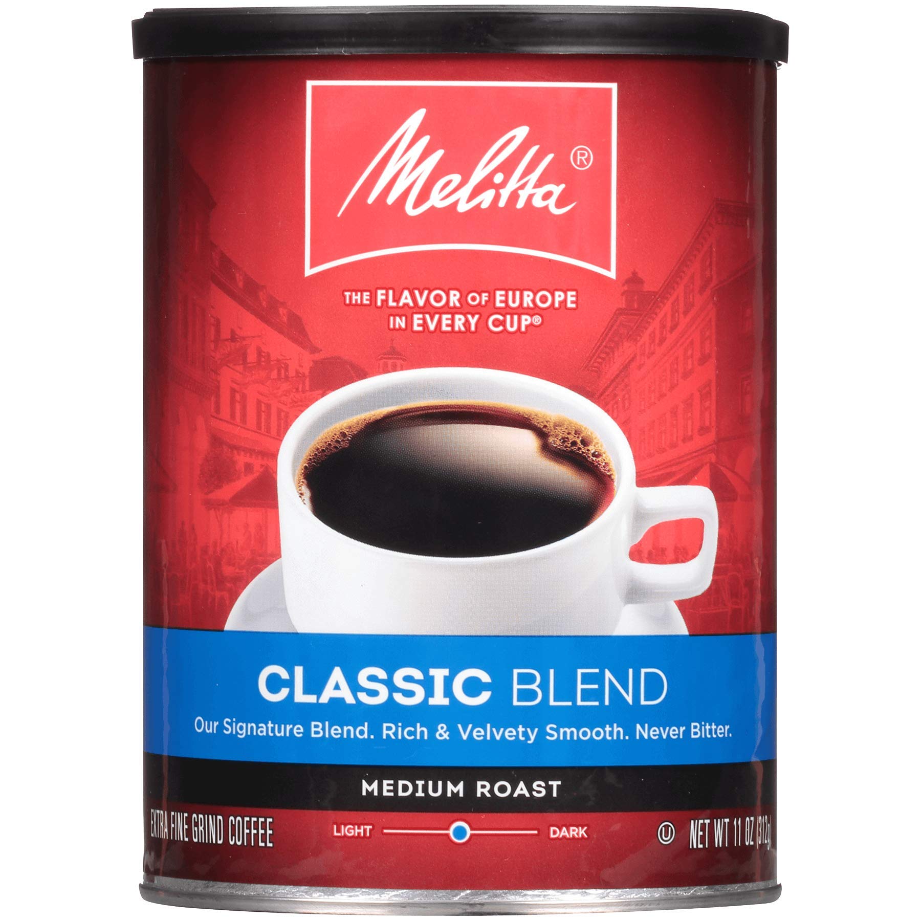 Melitta Classic Blend packaging can highlights premium coffee in a six-pack for easy stocking.