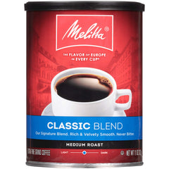 Melitta Classic Blend packaging can highlights premium coffee in a six-pack for easy stocking.