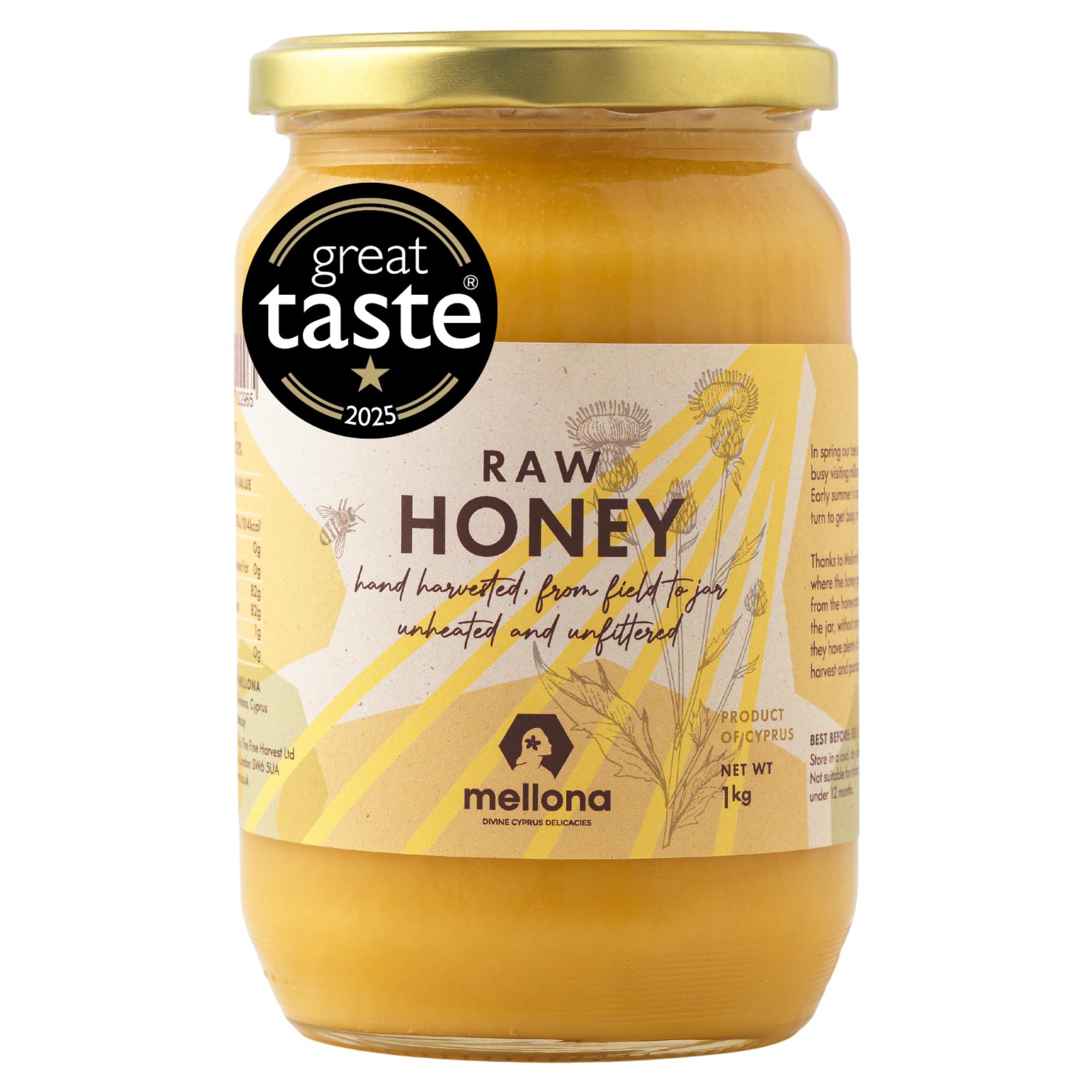 Mellona raw honey jar 1kg with natural clarity, ideal for tea or toast.