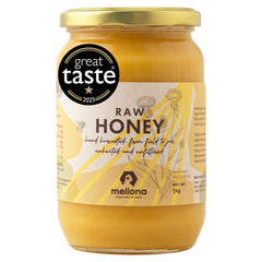 Mellona raw honey jar 1kg with natural clarity, ideal for tea or toast.