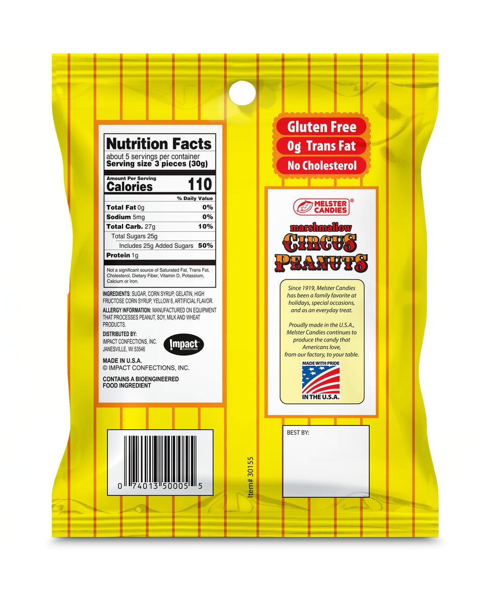 Circus peanuts peanut-shaped bites by Melster Candies, convenient on-the-go treat.