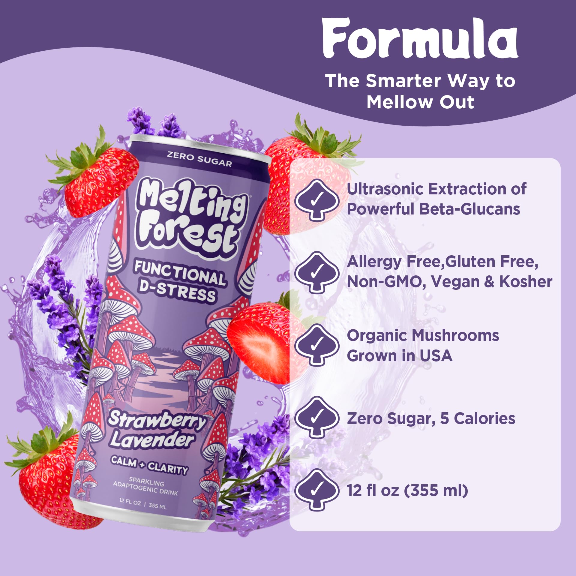 Melting Forest D-Stress ingredients panel highlights adaptogens and L-Theanine.