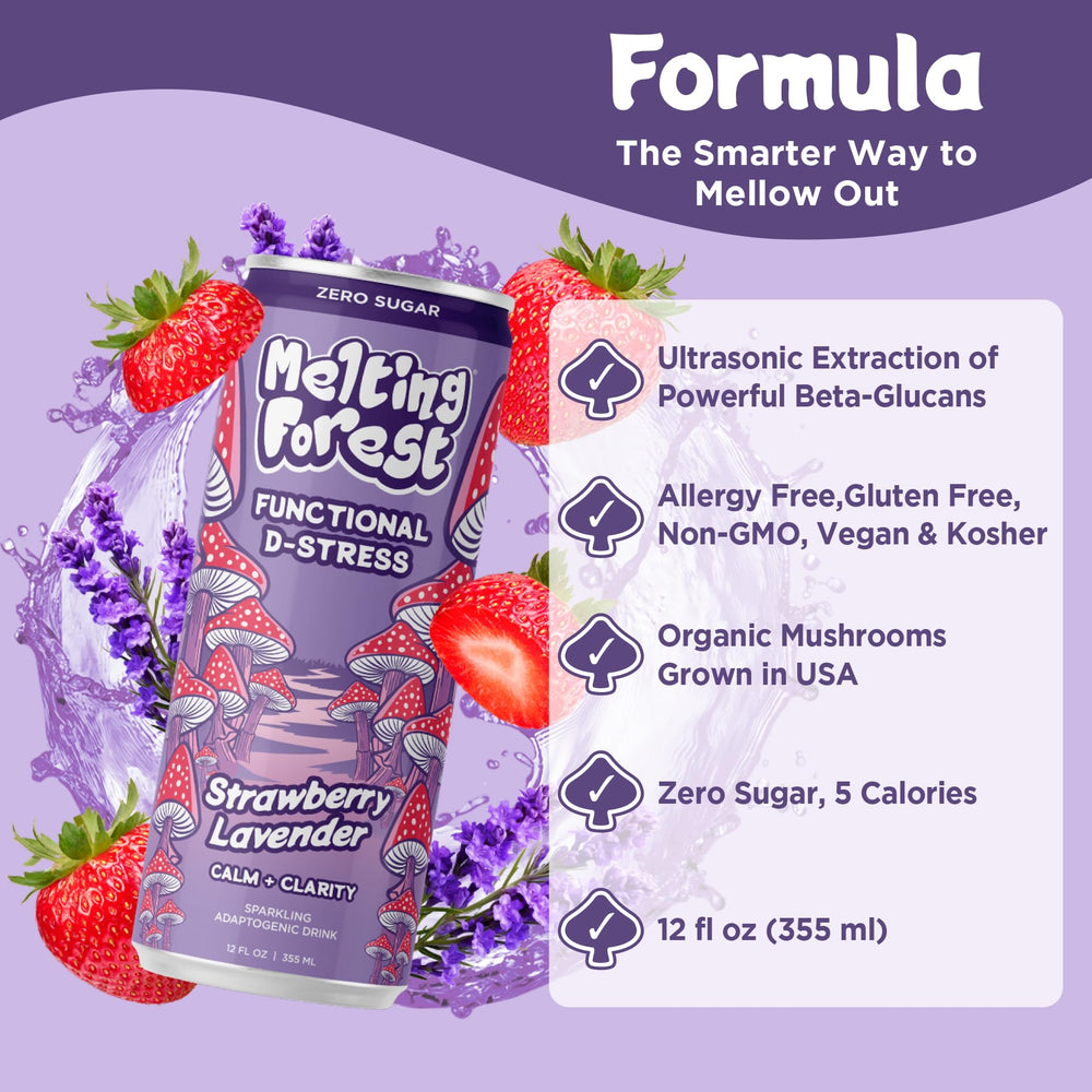 Melting Forest D-Stress ingredients panel highlights adaptogens and L-Theanine.