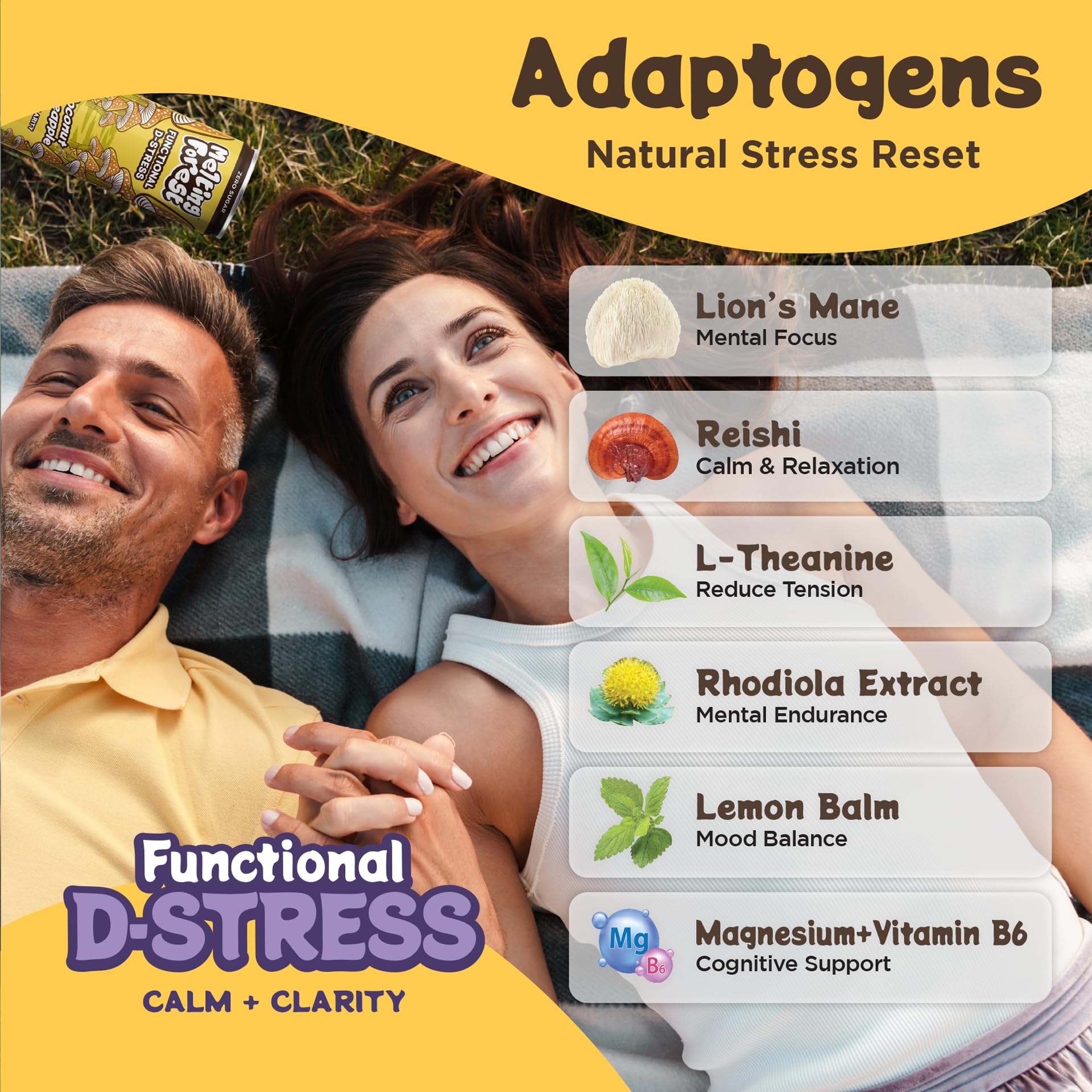 Melting Forest D-Stress label detail highlights L-Theanine and adaptogens.