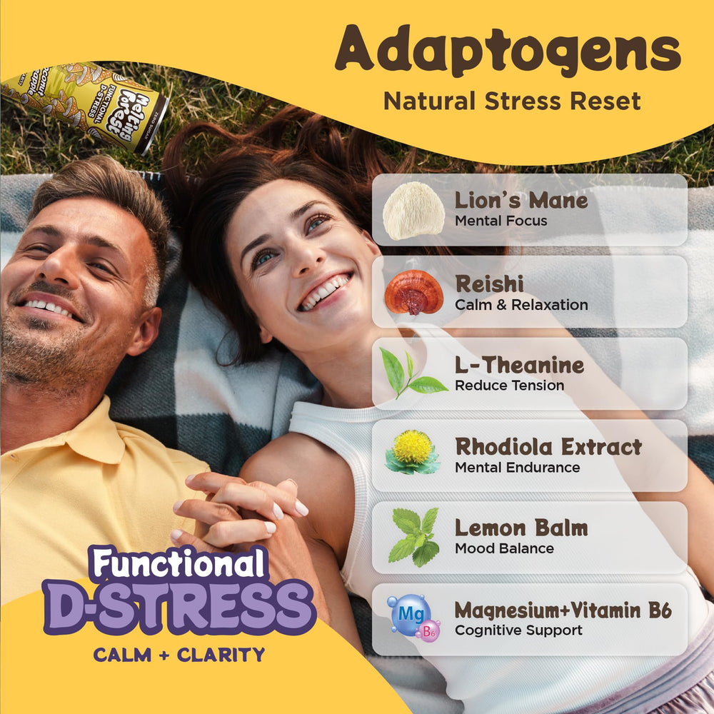 Melting Forest D-Stress label detail highlights L-Theanine and adaptogens.