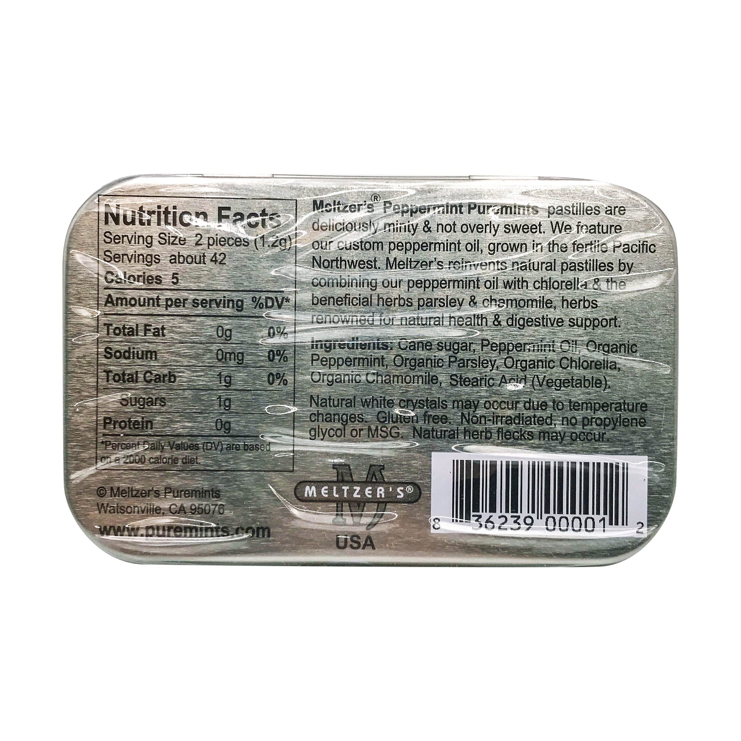 Meltzer's Puremints Peppermint Tin opened to reveal pastilles for on-the-go mintiness.