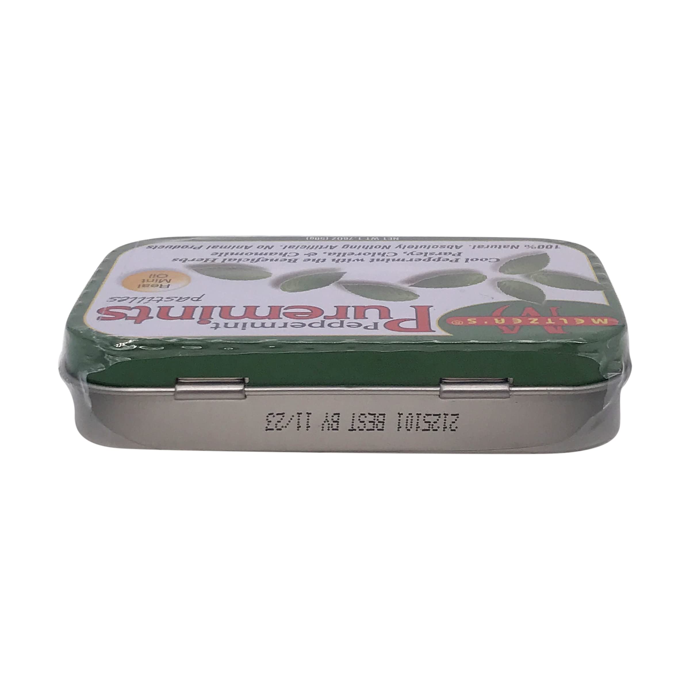 Meltzer's Puremints tin packaging highlights gluten-free pastilles and Pacific Northwest peppermint.