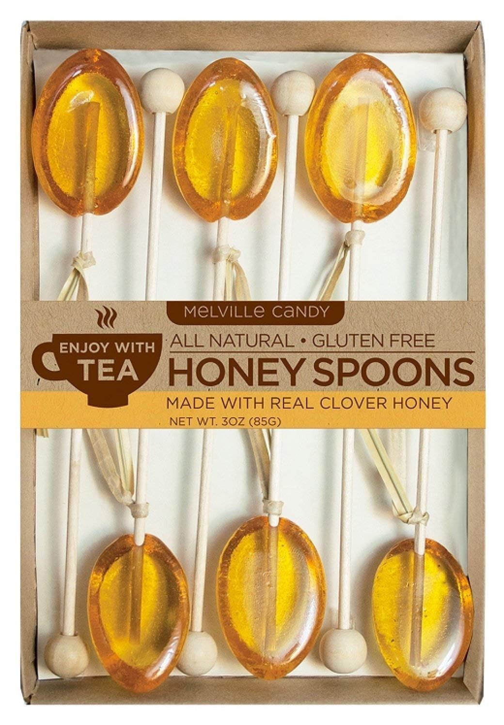 Melville Candy honey spoon gift box showcases six elegant tea stirrers for cozy moments.