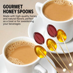 Melville Candy honey spoon dissolving in tea for natural sweetness.