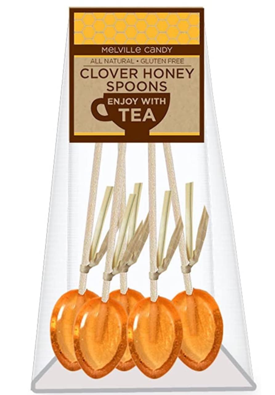 Melville Candy clover honey spoons for tea stirrers on wooden sticks, gluten-free and individually wrapped.