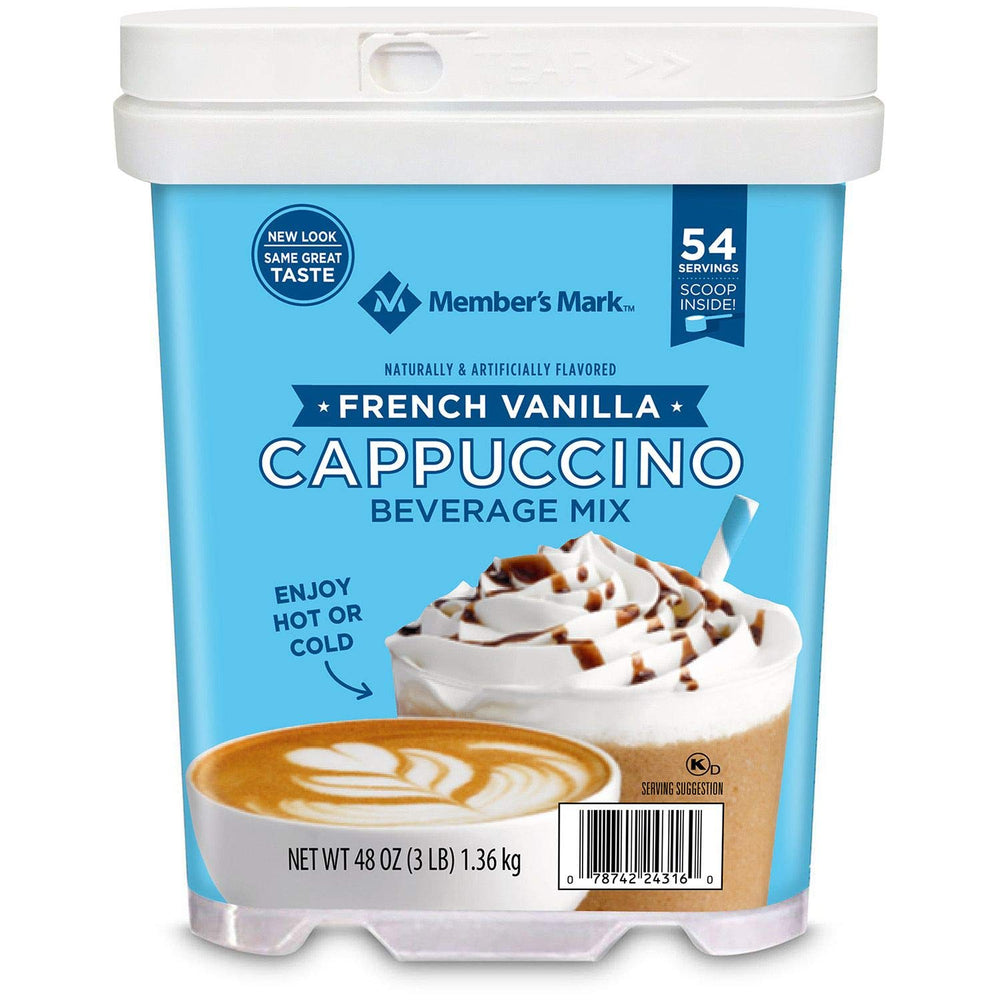 Member's Mark Daily Chef French Vanilla Cappuccino 3lb front packaging delivers cafe-style flavor with 80 calories per serving.