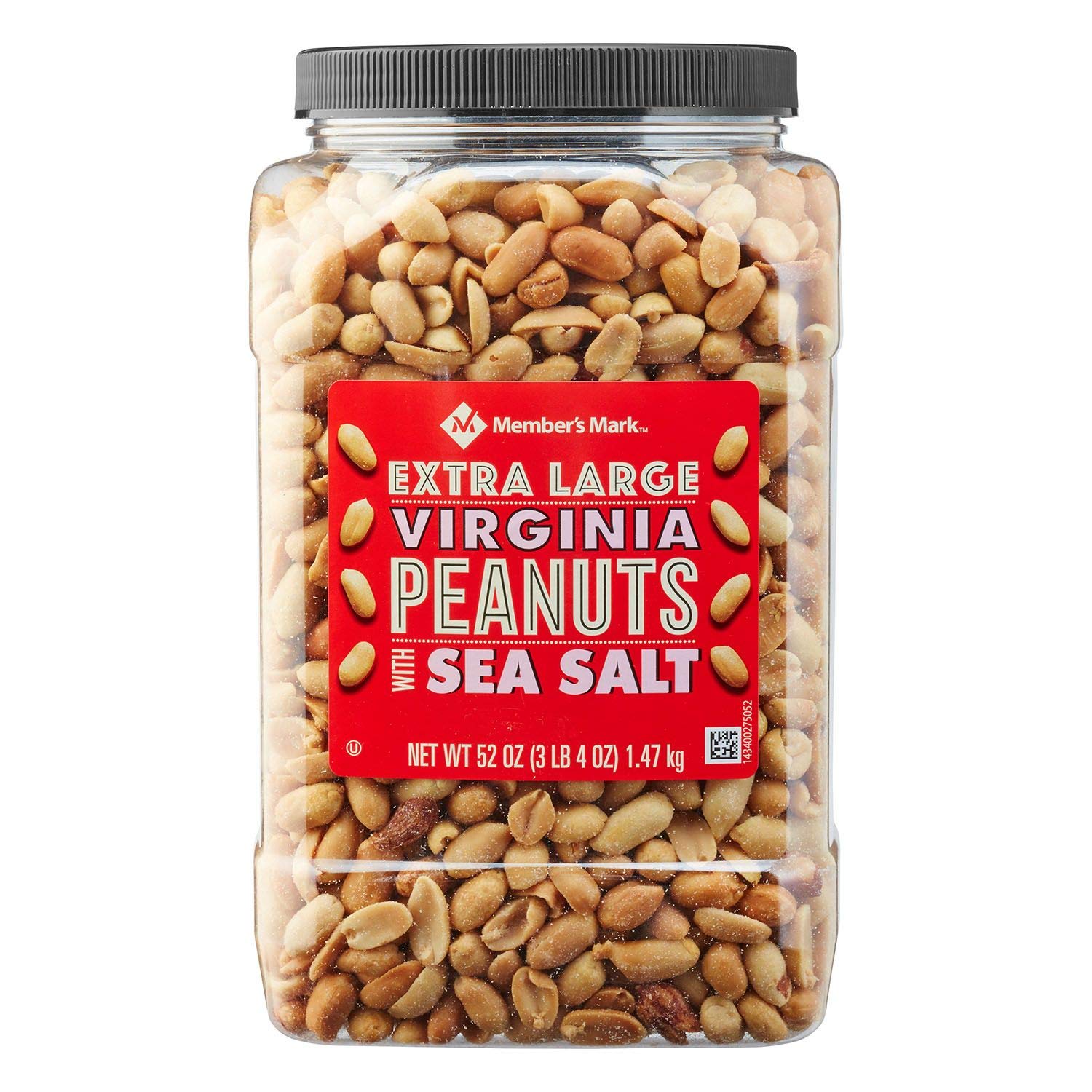Member's Mark extra-large Virginia peanuts with sea salt packaging for hiking and travel.