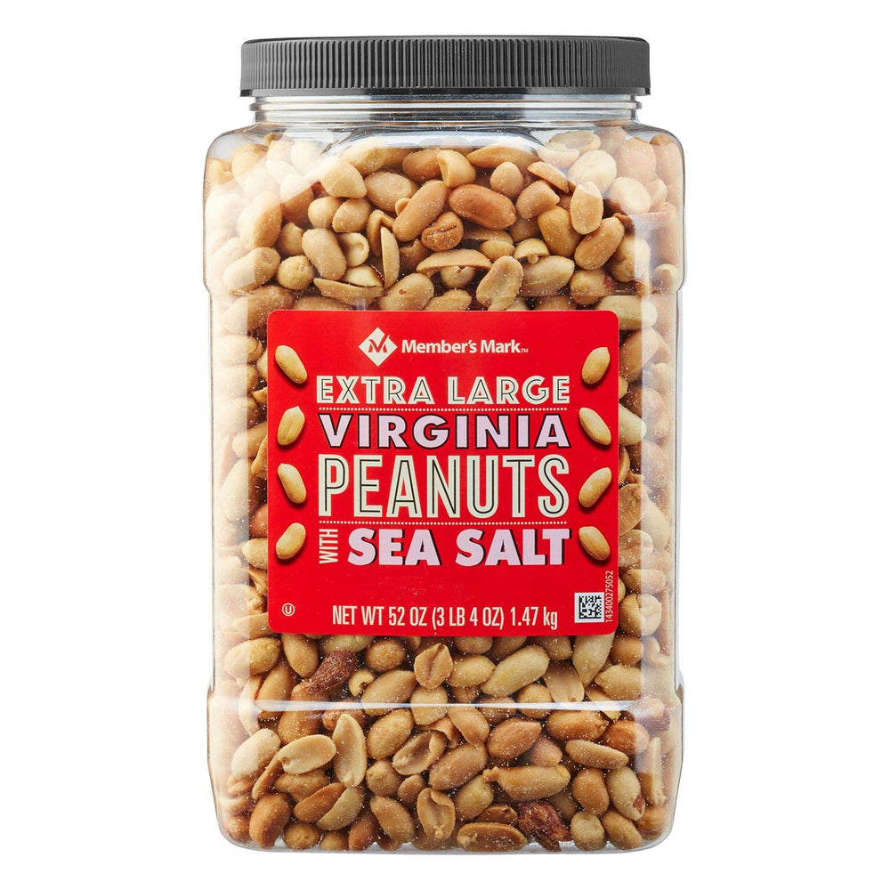 Member's Mark extra-large Virginia peanuts with sea salt packaging for hiking and travel.