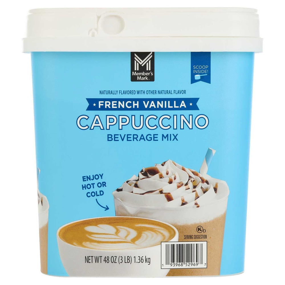 Members Mark French Vanilla Cappuccino Mix tub for quick, cafe-style drinks at home.