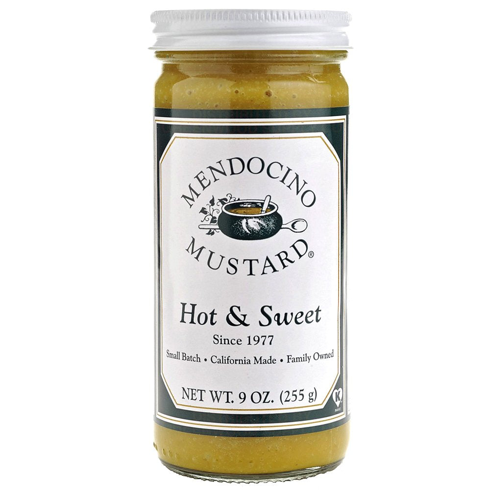 Mendocino Hot Sweet Mustard bottle enhances sandwiches with bold flavor.