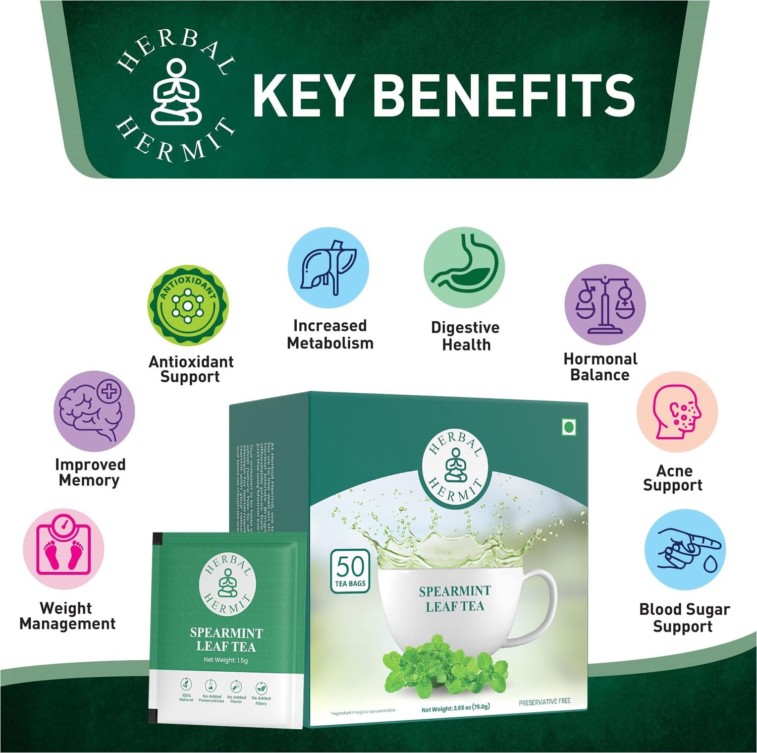 Menthol-rich spearmint provides soothing post-meal comfort with Herbal Hermit.