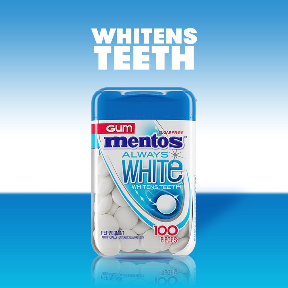 Mentos Always White with xylitol offers sugar-free chewing and mint flavor.